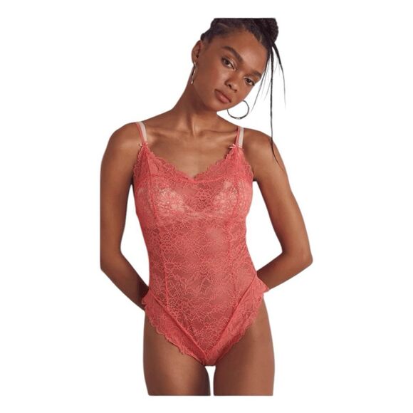 Free People One Touch Bodysuit Coral Watermelon Sheer Floral Lace S - Picture 1 of 11